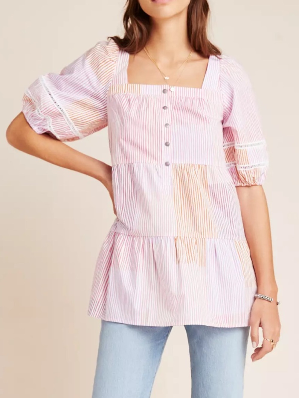 Maeve by Anthropologie Striped Tiered Button-Front Puff-Sleeve Blouse Size XS